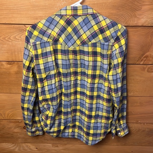 AMERICAN EAGLE Women Boyfriend Fit Yellow Plaid snap Button Down Flannel Shirt M - Picture 7 of 8
